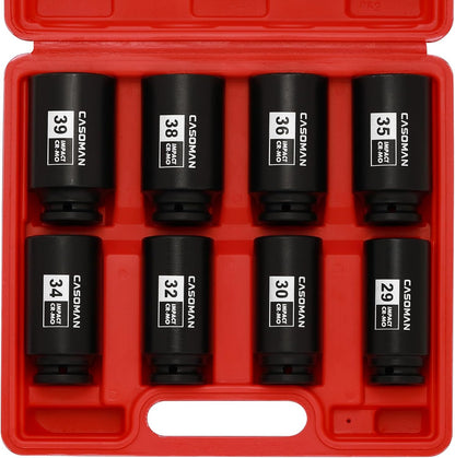 1/2-Inch Drive Deep Spindle Axle Nut Impact Socket Set,12-Point, Metric, CR-MO, 29, 30, 32, 34, 35, 36, 38, 39mm, 8-Piece 1/2" Heavy Duty Impact Socket Set
