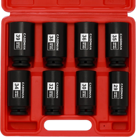 1/2-Inch Drive Deep Spindle Axle Nut Impact Socket Set,12-Point, Metric, CR-MO, 29, 30, 32, 34, 35, 36, 38, 39mm, 8-Piece 1/2" Heavy Duty Impact Socket Set