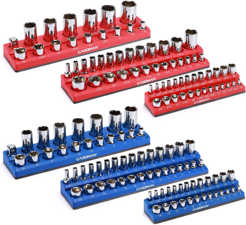 Magnetic Socket Organizer, 6-Piece Socket Holder Set – 1/4", 3/8" & 1/2" Drive, Holds 143 SAE & Metric Sockets, Magnetic Tool Storage for Garage & Workshop