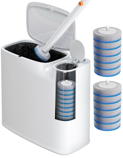 2 Gallon Slim Bathroom Trash Can with Lid & Disposable Toilet Brush Set – 12 Refills, Space-Saving Toilet Cleaning Kit for Dorm, Apartment & RV