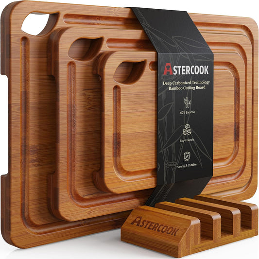 3-Piece Bamboo Cutting Board Set with Storage Stand – Reversible Wood Chopping Boards with Deep Juice Grooves, Easy-Grip Handles for Kitchen Prep & Serving
