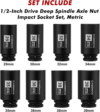 1/2-Inch Drive Deep Spindle Axle Nut Impact Socket Set,12-Point, Metric, CR-MO, 29, 30, 32, 34, 35, 36, 38, 39mm, 8-Piece 1/2" Heavy Duty Impact Socket Set