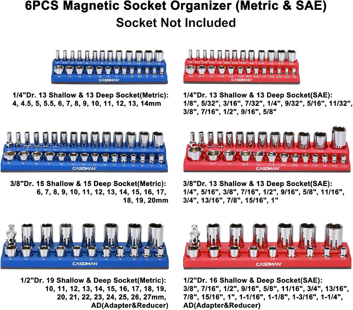 Magnetic Socket Organizer, 6-Piece Socket Holder Set – 1/4", 3/8" & 1/2" Drive, Holds 143 SAE & Metric Sockets, Magnetic Tool Storage for Garage & Workshop