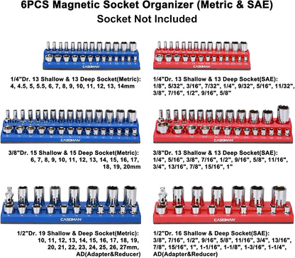 Magnetic Socket Organizer, 6-Piece Socket Holder Set – 1/4", 3/8" & 1/2" Drive, Holds 143 SAE & Metric Sockets, Magnetic Tool Storage for Garage & Workshop