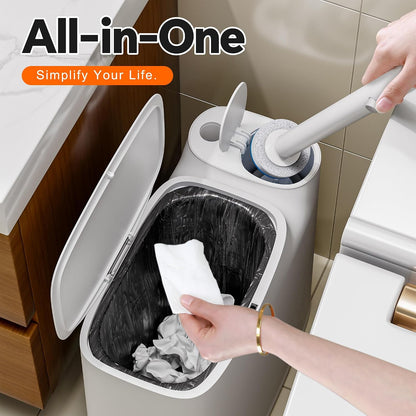 2 Gallon Slim Bathroom Trash Can with Lid & Disposable Toilet Brush Set – 12 Refills, Space-Saving Toilet Cleaning Kit for Dorm, Apartment & RV