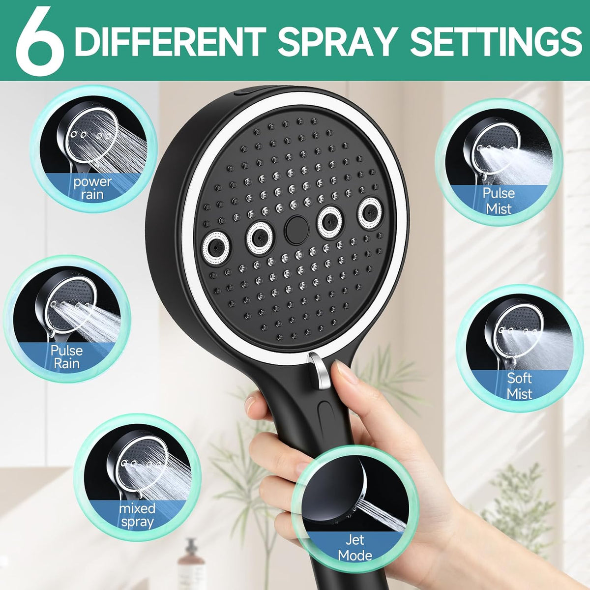 High Pressure Handheld Shower Head with Hose – 6 Spray Settings, Rain, Massage, Boost & Cleaning Modes for Bathroom