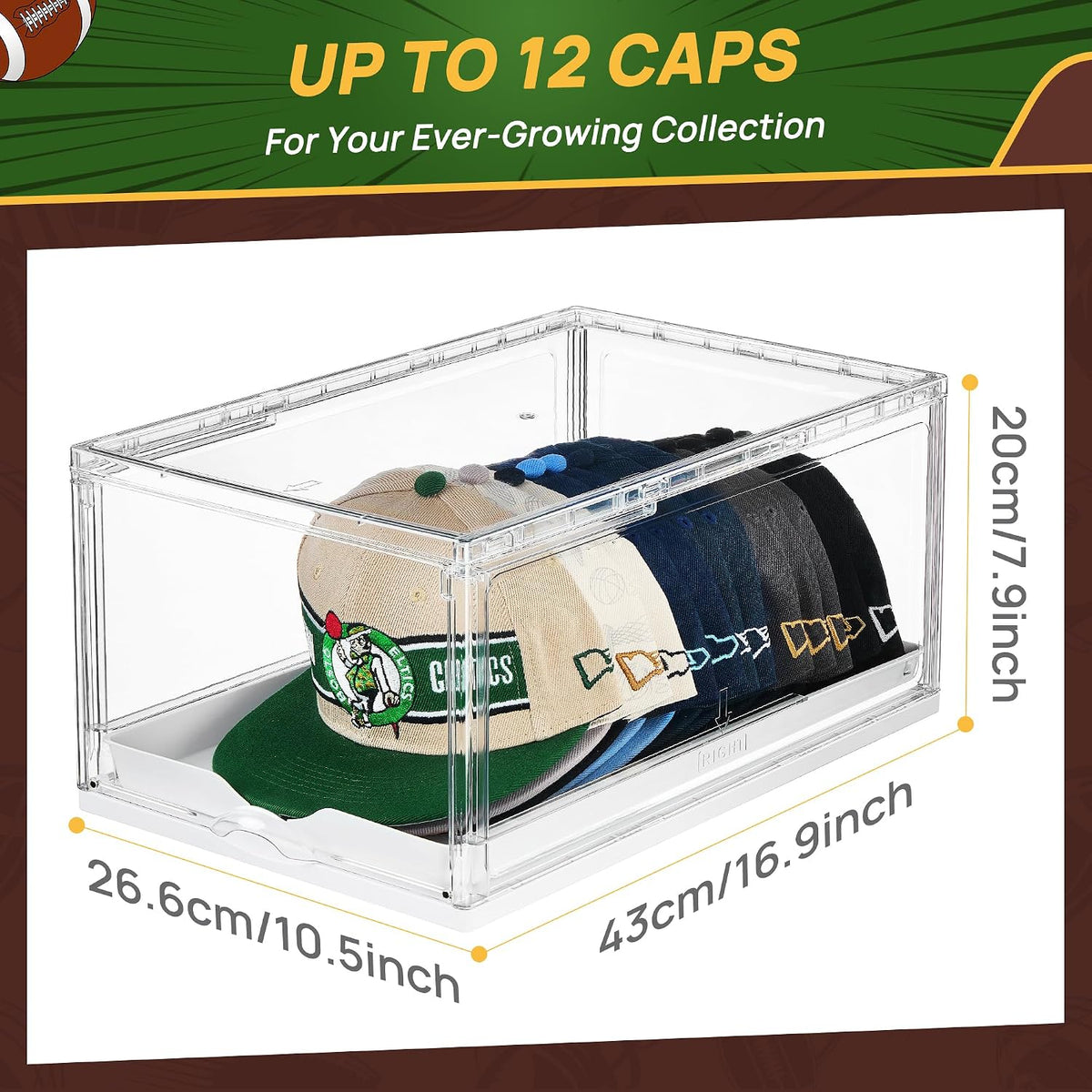 1-Pack Baseball Cap Organizer – Clear Hat Storage Boxes with Sliding Tray, Magnetic Door & Stackable Design, Holds Up to 12 Hats