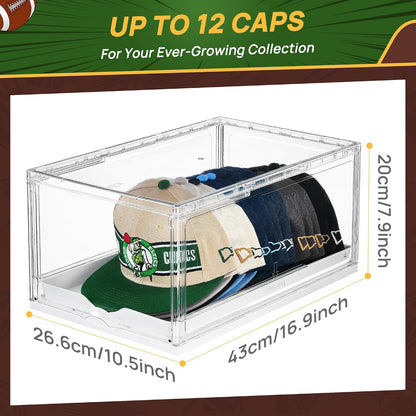 1-Pack Baseball Cap Organizer – Clear Hat Storage Boxes with Sliding Tray, Magnetic Door & Stackable Design, Holds Up to 12 Hats