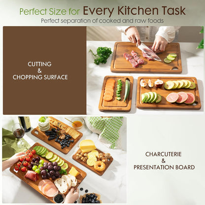 3-Piece Bamboo Cutting Board Set with Storage Stand – Reversible Wood Chopping Boards with Deep Juice Grooves, Easy-Grip Handles for Kitchen Prep & Serving