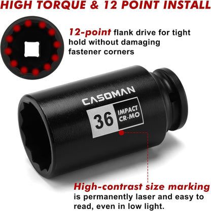 1/2-Inch Drive Deep Spindle Axle Nut Impact Socket Set,12-Point, Metric, CR-MO, 29, 30, 32, 34, 35, 36, 38, 39mm, 8-Piece 1/2" Heavy Duty Impact Socket Set