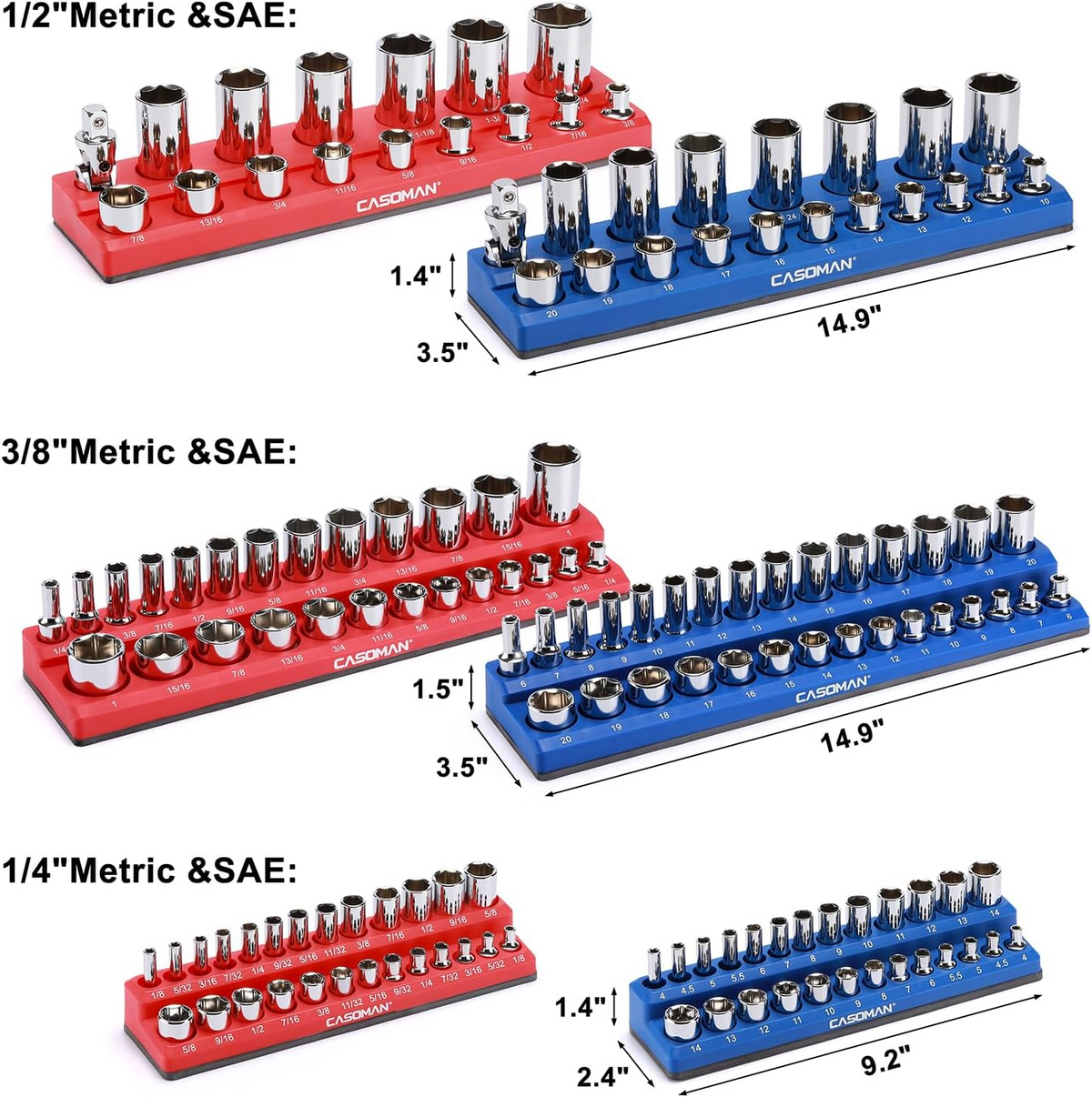 Magnetic Socket Organizer, 6-Piece Socket Holder Set – 1/4", 3/8" & 1/2" Drive, Holds 143 SAE & Metric Sockets, Magnetic Tool Storage for Garage & Workshop