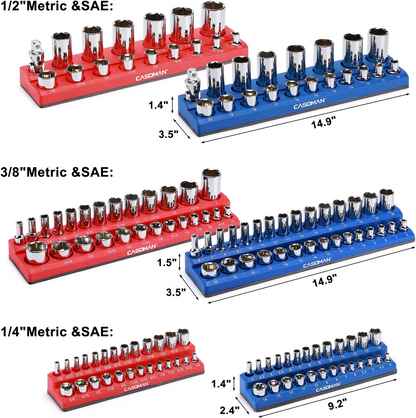 Magnetic Socket Organizer, 6-Piece Socket Holder Set – 1/4", 3/8" & 1/2" Drive, Holds 143 SAE & Metric Sockets, Magnetic Tool Storage for Garage & Workshop