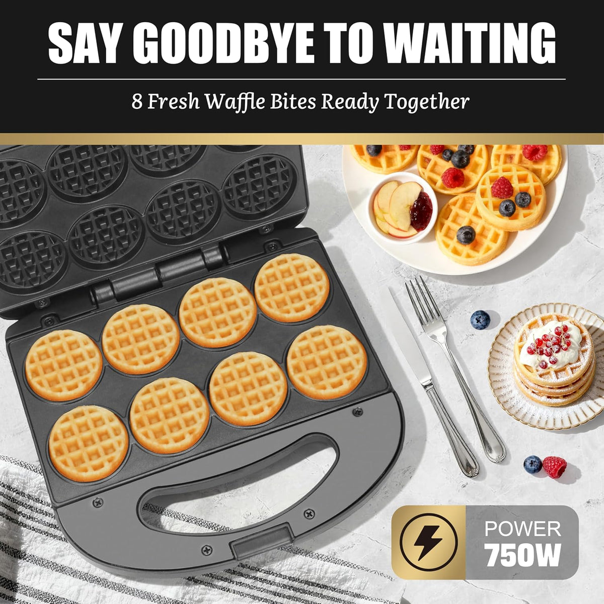 Mini Waffle Maker – 8-Cavity Waffle Bite Maker, Non-Stick Small Waffle Iron for Breakfast, Snacks & Desserts, Compact Design for Home & Kids