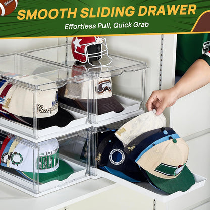 1-Pack Baseball Cap Organizer – Clear Hat Storage Boxes with Sliding Tray, Magnetic Door & Stackable Design, Holds Up to 12 Hats