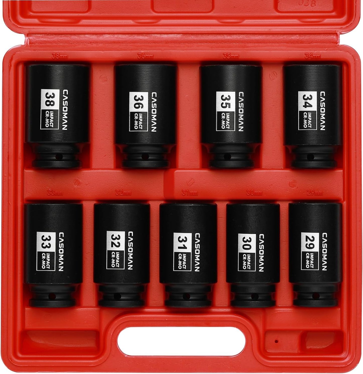 1/2-Inch Drive Deep Spindle Axle Nut Impact Socket Set,12-Point, Metric, CR-MO, 29, 30, 32, 34, 35, 36, 38, 39mm, 8-Piece 1/2" Heavy Duty Impact Socket Set
