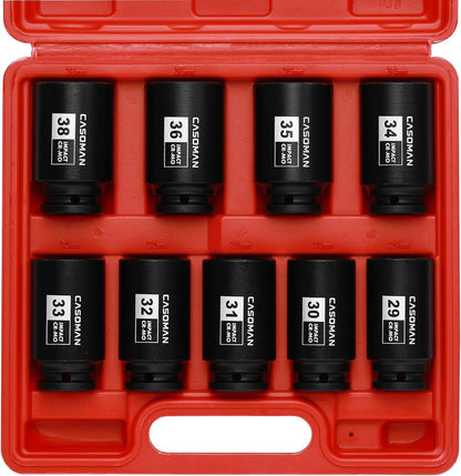 1/2-Inch Drive Deep Spindle Axle Nut Impact Socket Set,12-Point, Metric, CR-MO, 29, 30, 32, 34, 35, 36, 38, 39mm, 8-Piece 1/2" Heavy Duty Impact Socket Set