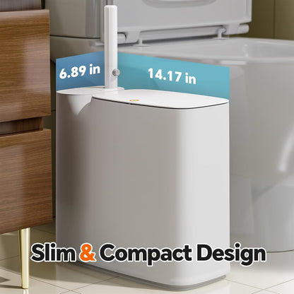 2 Gallon Slim Bathroom Trash Can with Lid & Disposable Toilet Brush Set – 12 Refills, Space-Saving Toilet Cleaning Kit for Dorm, Apartment & RV