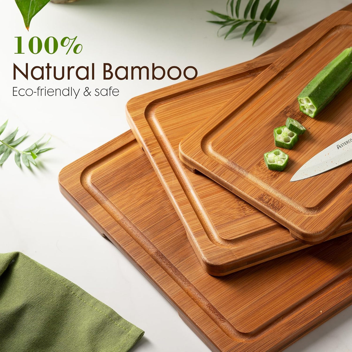 3-Piece Bamboo Cutting Board Set with Storage Stand – Reversible Wood Chopping Boards with Deep Juice Grooves, Easy-Grip Handles for Kitchen Prep & Serving