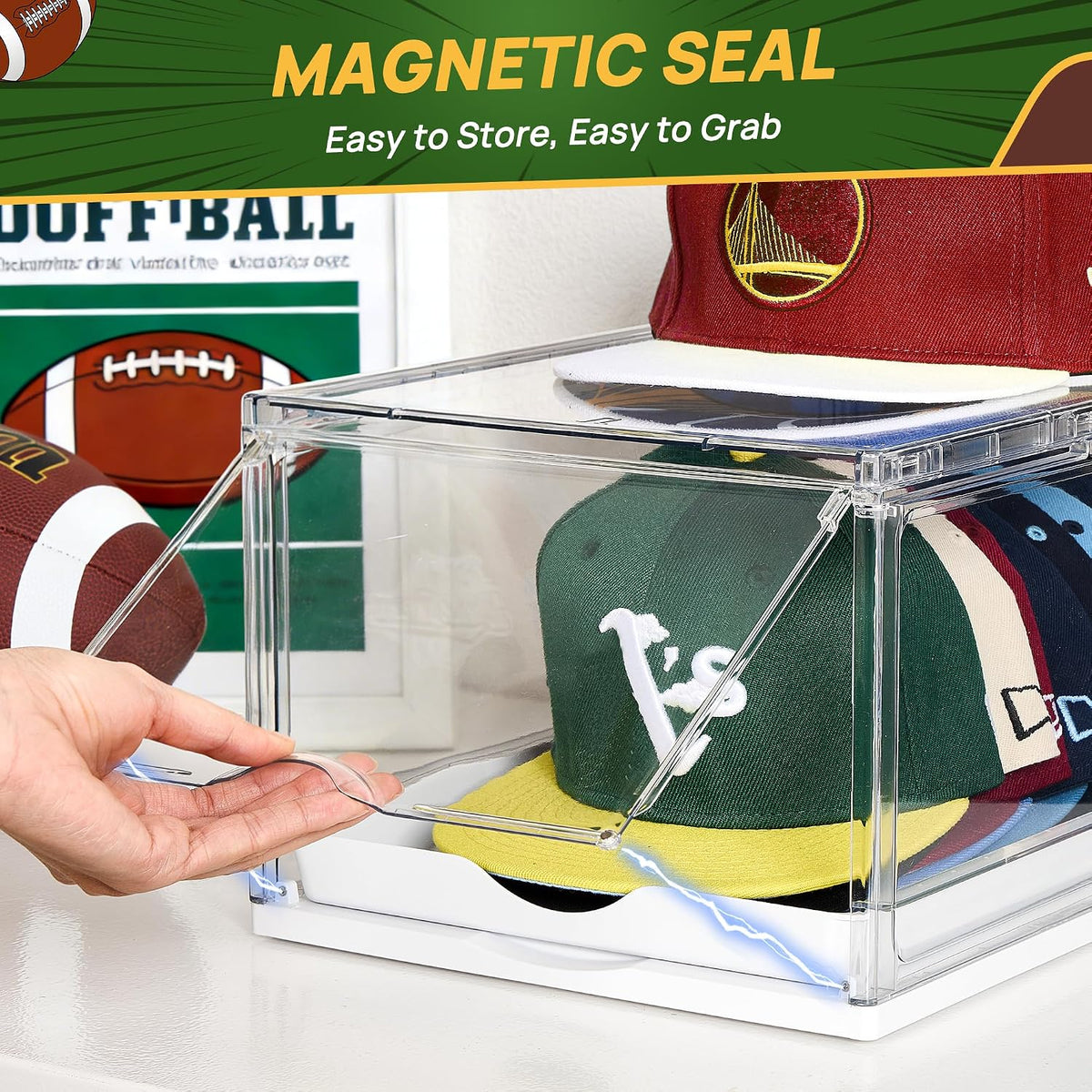 1-Pack Baseball Cap Organizer – Clear Hat Storage Boxes with Sliding Tray, Magnetic Door & Stackable Design, Holds Up to 12 Hats