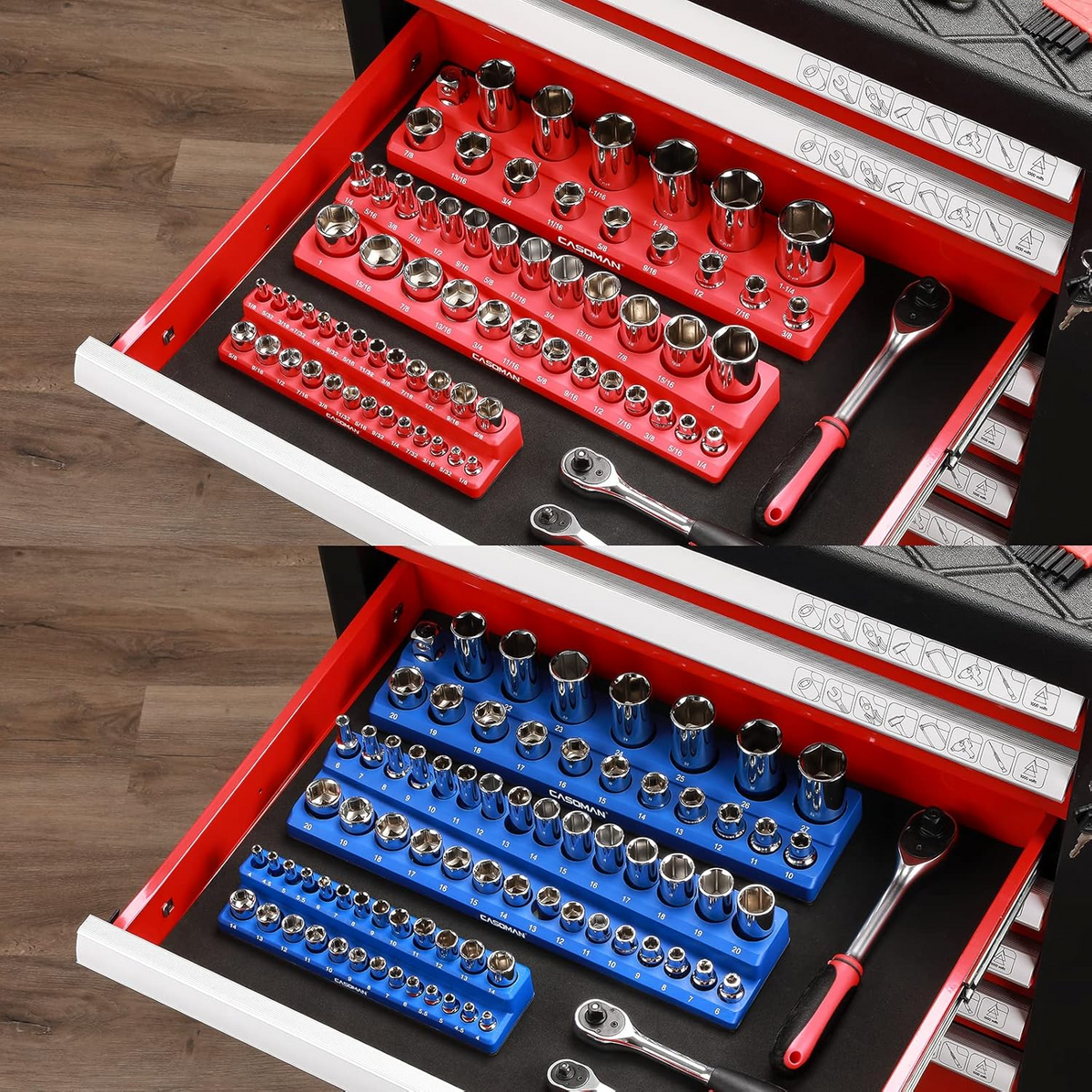 Magnetic Socket Organizer, 6-Piece Socket Holder Set – 1/4", 3/8" & 1/2" Drive, Holds 143 SAE & Metric Sockets, Magnetic Tool Storage for Garage & Workshop