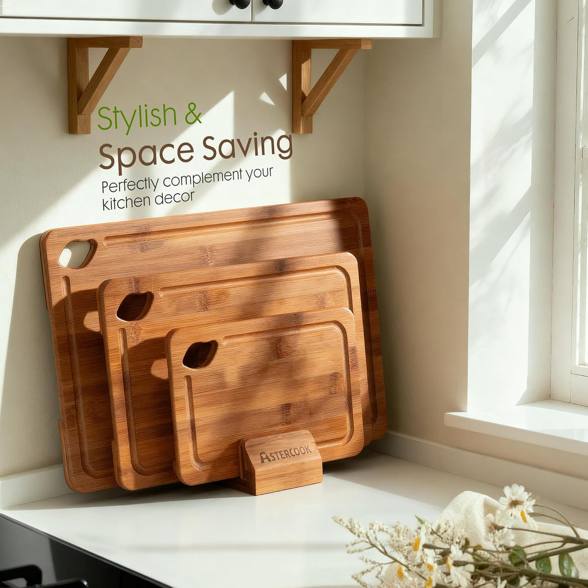 3-Piece Bamboo Cutting Board Set with Storage Stand – Reversible Wood Chopping Boards with Deep Juice Grooves, Easy-Grip Handles for Kitchen Prep & Serving