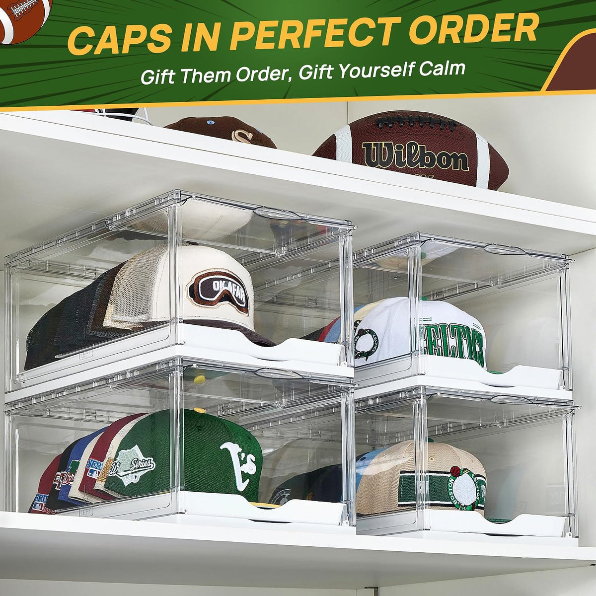 1-Pack Baseball Cap Organizer – Clear Hat Storage Boxes with Sliding Tray, Magnetic Door & Stackable Design, Holds Up to 12 Hats
