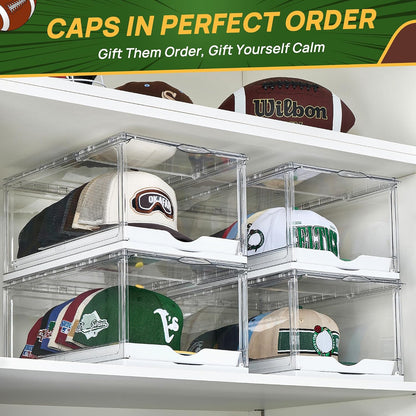 1-Pack Baseball Cap Organizer – Clear Hat Storage Boxes with Sliding Tray, Magnetic Door & Stackable Design, Holds Up to 12 Hats
