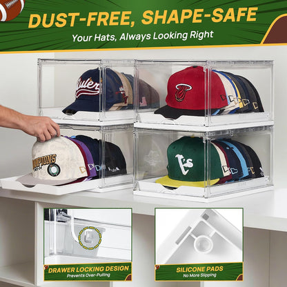 1-Pack Baseball Cap Organizer – Clear Hat Storage Boxes with Sliding Tray, Magnetic Door & Stackable Design, Holds Up to 12 Hats
