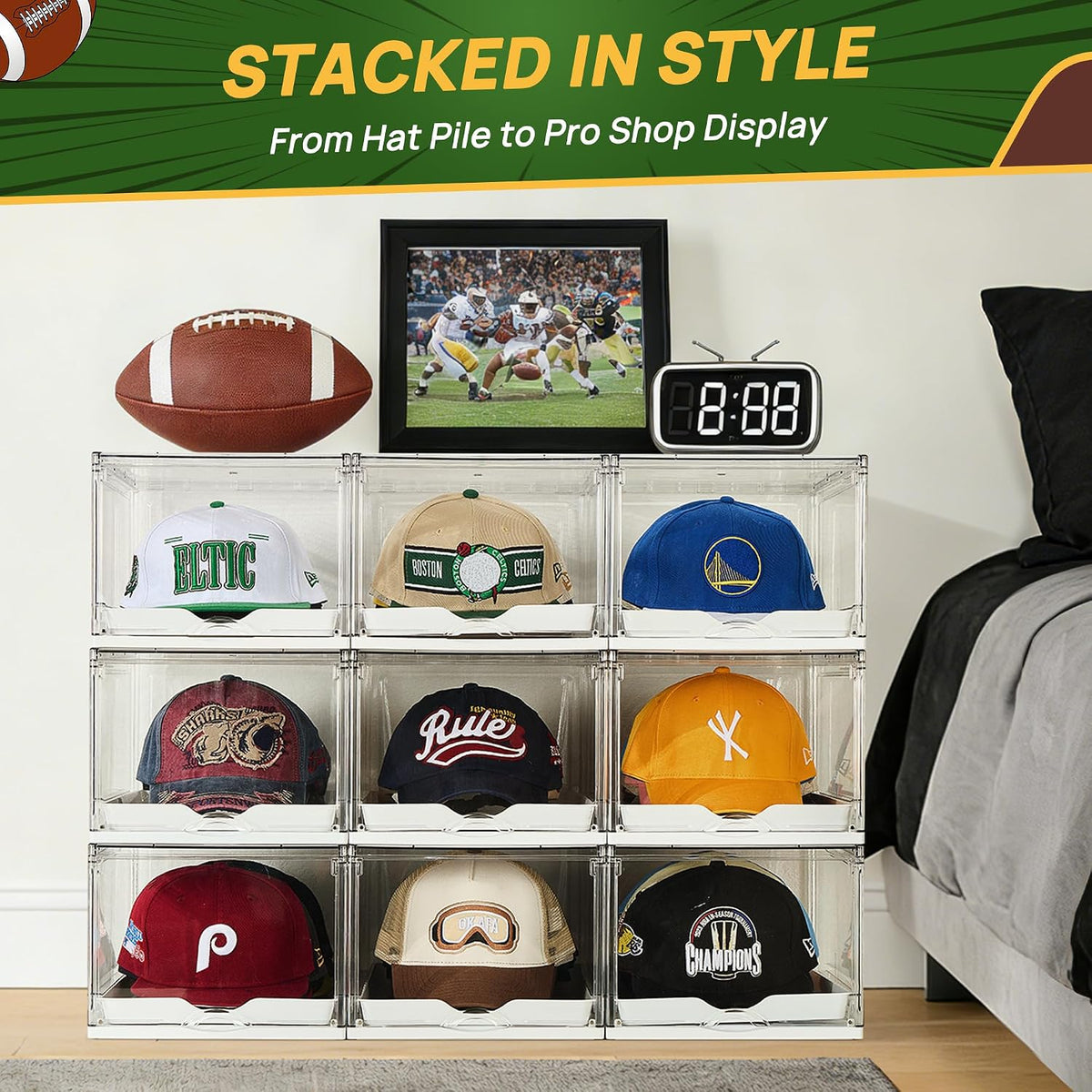 1-Pack Baseball Cap Organizer – Clear Hat Storage Boxes with Sliding Tray, Magnetic Door & Stackable Design, Holds Up to 12 Hats