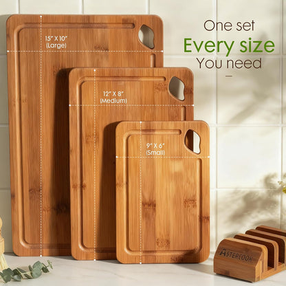 3-Piece Bamboo Cutting Board Set with Storage Stand – Reversible Wood Chopping Boards with Deep Juice Grooves, Easy-Grip Handles for Kitchen Prep & Serving