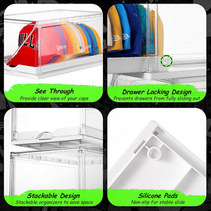 1-Pack Baseball Cap Organizer – Clear Hat Storage Boxes with Sliding Tray, Magnetic Door & Stackable Design, Holds Up to 12 Hats