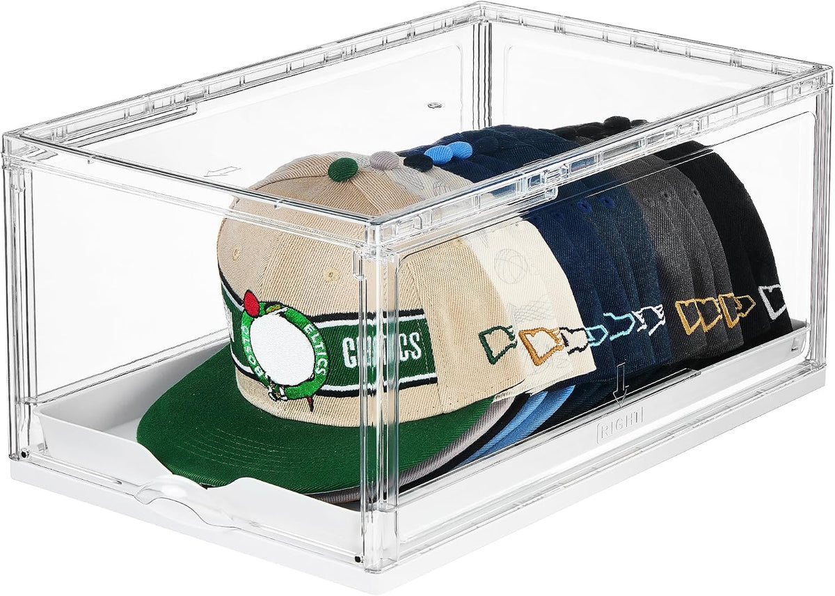 1-Pack Baseball Cap Organizer – Clear Hat Storage Boxes with Sliding Tray, Magnetic Door & Stackable Design, Holds Up to 12 Hats